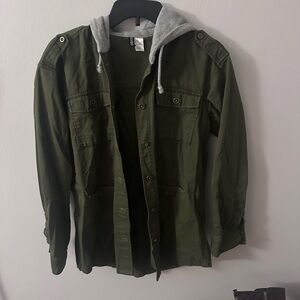 Divided Olive Military Jacket with Gray Hood